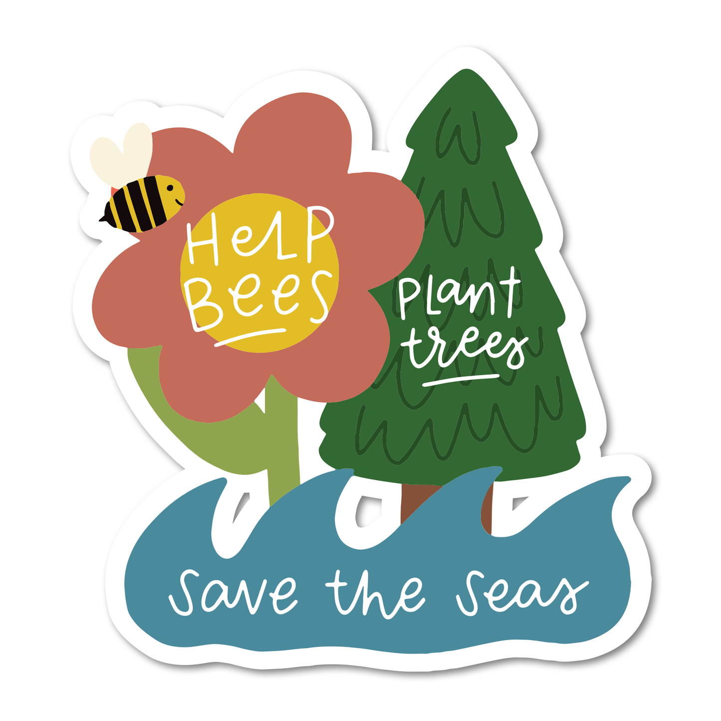 Help Bees, Plant Trees, Save The Seas Paper Sticker